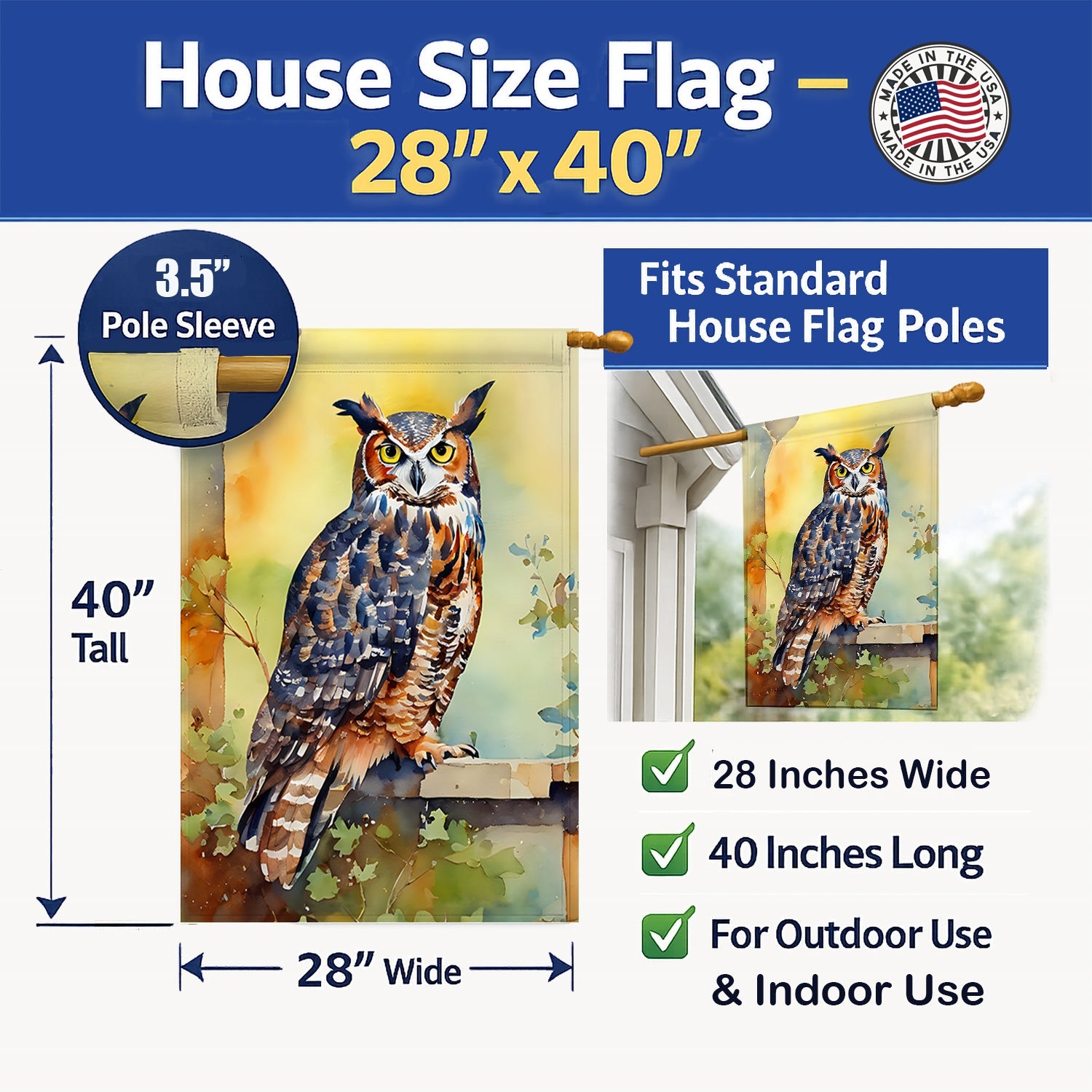 Great Horned Owl on Stone Arch House Flag 28x40 Porch Sleeve Pole Decorative Outside Yard Banner Artwork Wall Hanging, Polyester