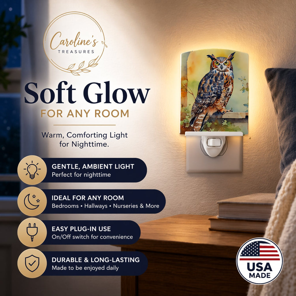 Great Horned Owl on Stone Arch Ceramic Night Light Compact, UL-Certified, Ideal for Bedroom, Bathroom, Nursery, Hallway, Kitchen, 6x4x3, Multicolor