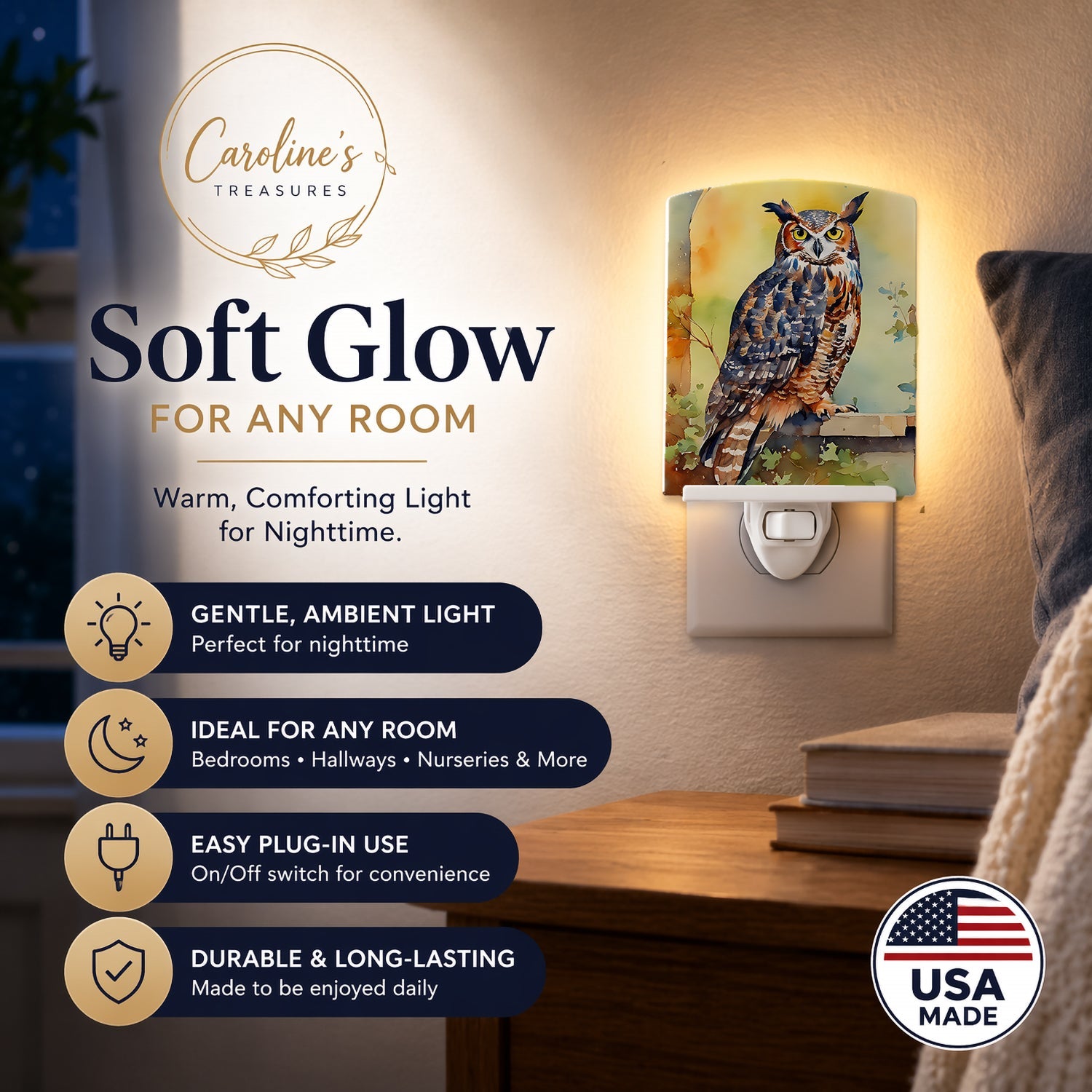 Great Horned Owl on Stone Arch Ceramic Night Light Compact, UL-Certified, Ideal for Bedroom, Bathroom, Nursery, Hallway, Kitchen, 6x4x3, Multicolor