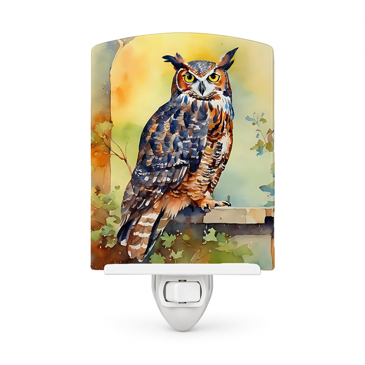 Great Horned Owl on Stone Arch Ceramic Night Light Compact, UL-Certified, Ideal for Bedroom, Bathroom, Nursery, Hallway, Kitchen, 6x4x3, Multicolor