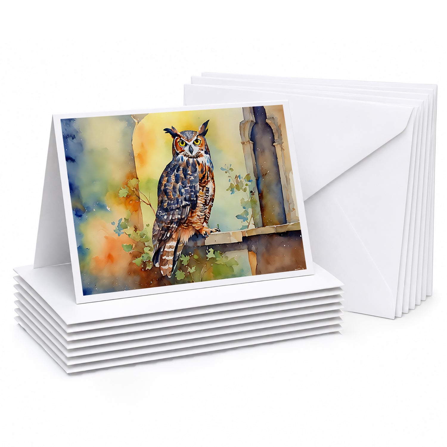 Great Horned Owl on Stone Arch Greeting Cards Pack of 8 Blank Cards with Envelopes Whimsical A7 Size 5x7