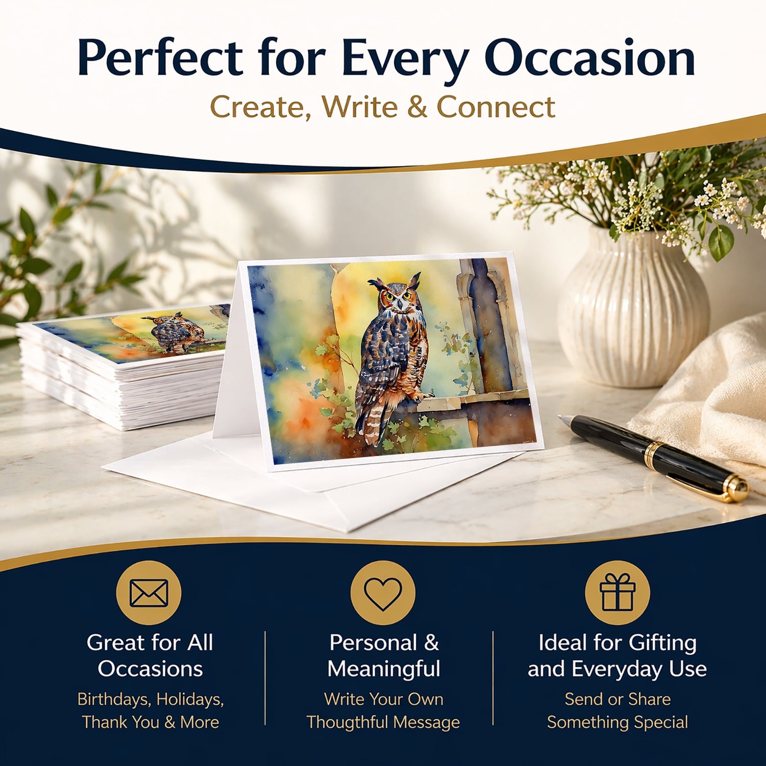 Great Horned Owl on Stone Arch Greeting Cards Pack of 8 Blank Cards with Envelopes Whimsical A7 Size 5x7