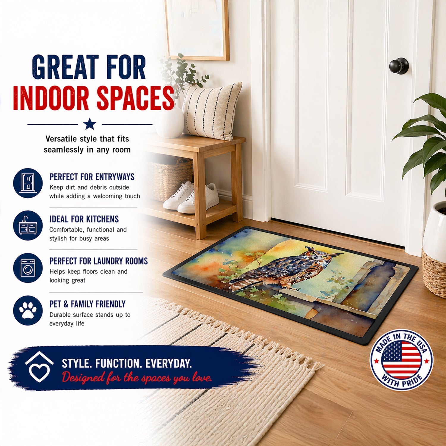 Great Horned Owl on Stone Arch Doormat Indoor Outdoor 18H X 27W Front Door Mat Rugs for Entryway, Non Slip Washable