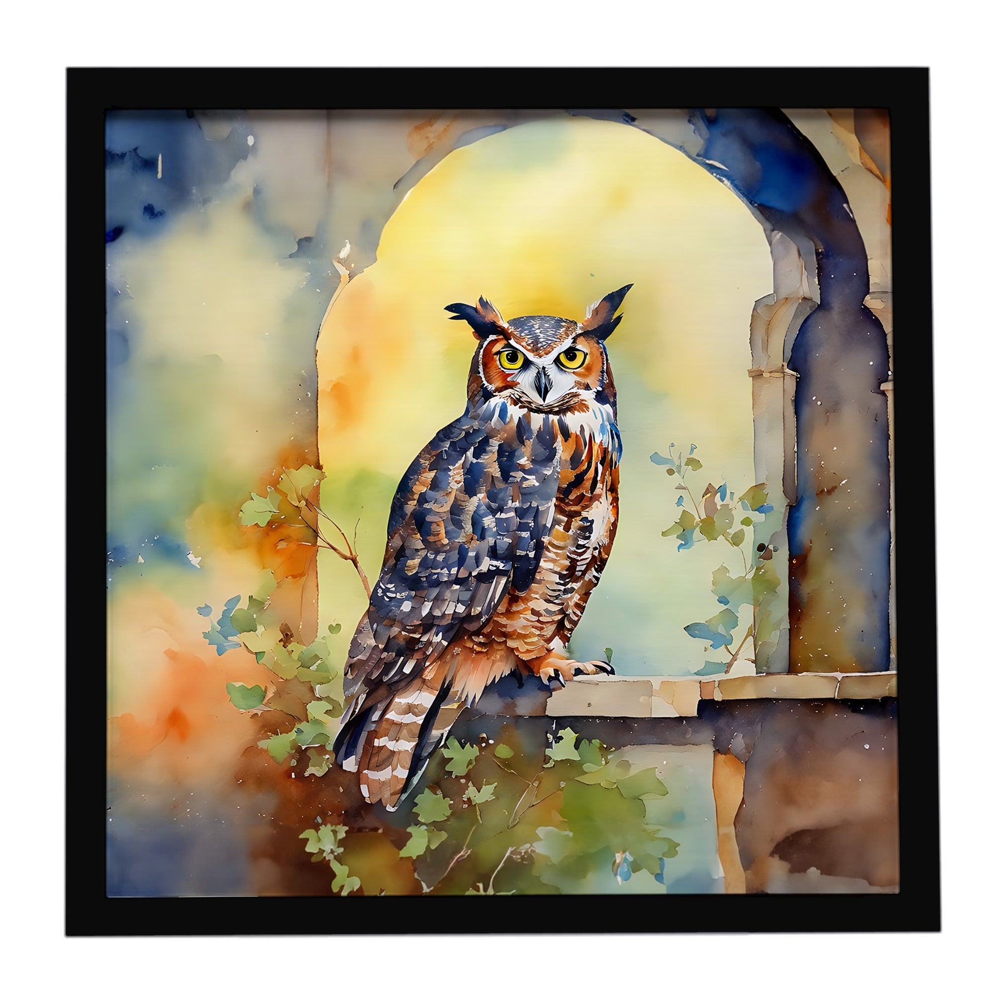 Great Horned Owl on Stone Arch Framed Metal Print Bathroom, Kitchen, Office, Home Decor Wall Art Ready to Hang, Square, 8X8