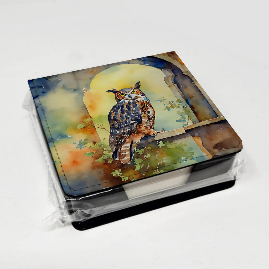 Great Horned Owl on Stone Arch PU Leather Note Paper Holder with Artist-Designed Cover, Desk Accessory, Office Gift