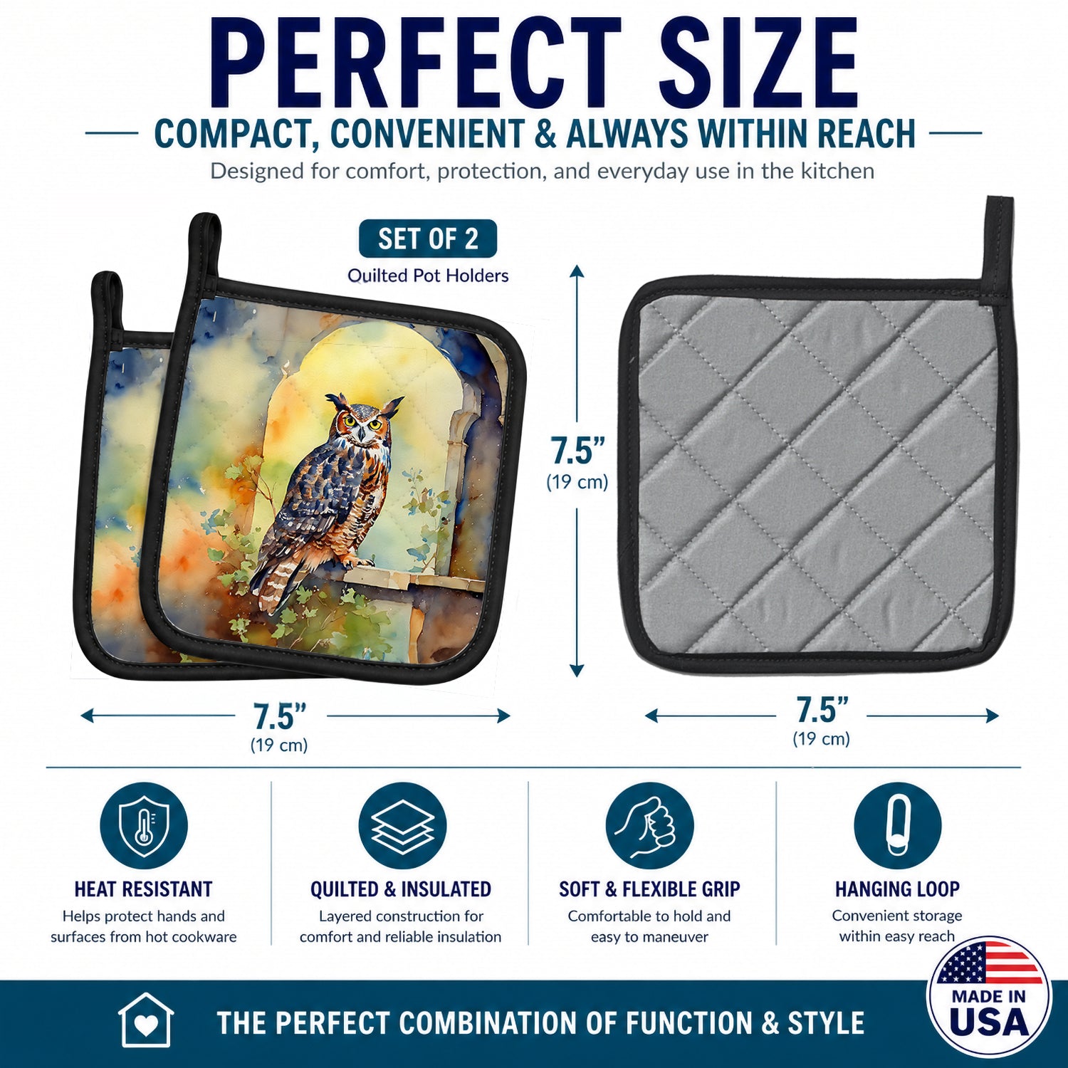 Great Horned Owl on Stone Arch Pot Holder Set of 2 Heat Resistant Quilted Hot Pads 7.5 x 7.5 Inch, Insulated Kitchen Trivets for Cooking & Baking