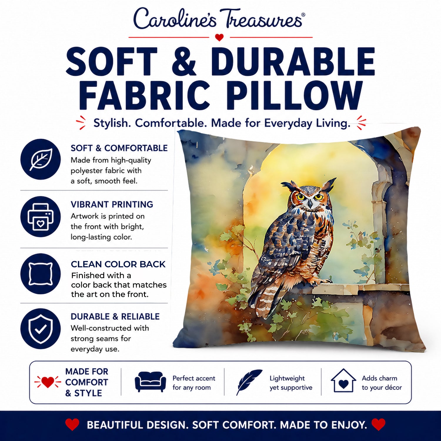 Great Horned Owl on Stone Arch Decorative Throw Pillow 14x14 Indoor Outdoor Accent Cushion, Fabric Cover with Insert for Sofa, Bed, Porch & Living Room