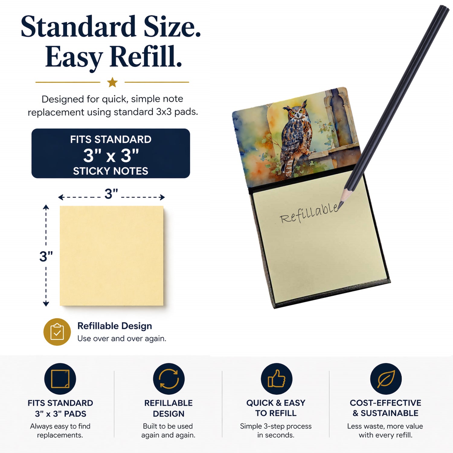 Great Horned Owl on Stone Arch Watercolor Sticky Note Holder Refillable Dispenser Desk Accessory 3x3 Pad Gift
