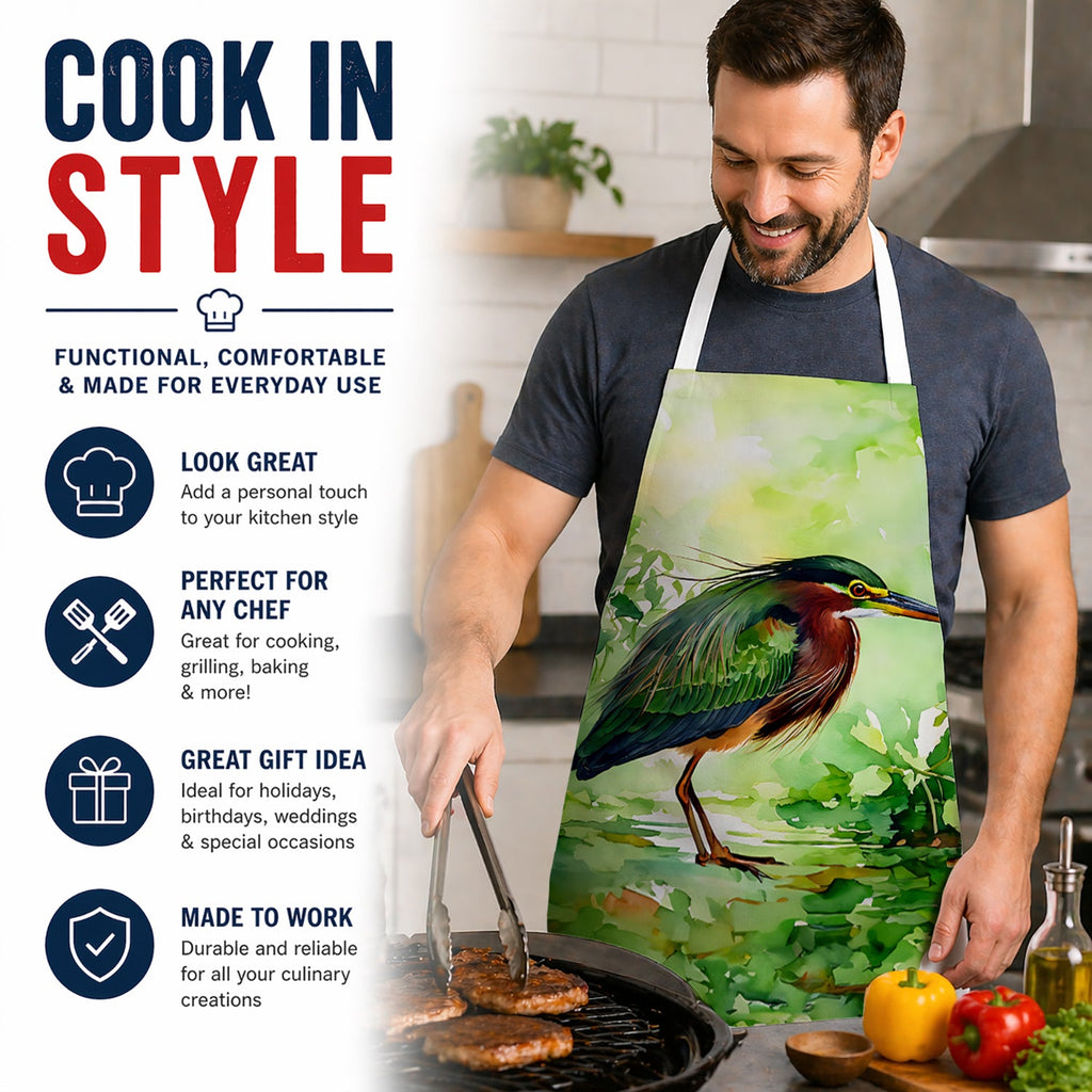 Green Heron Standing Marsh Apron Cooking Kitchen Server Baking Crafts Gardening for Adult Women Men, Unisex, Large, Multicolor