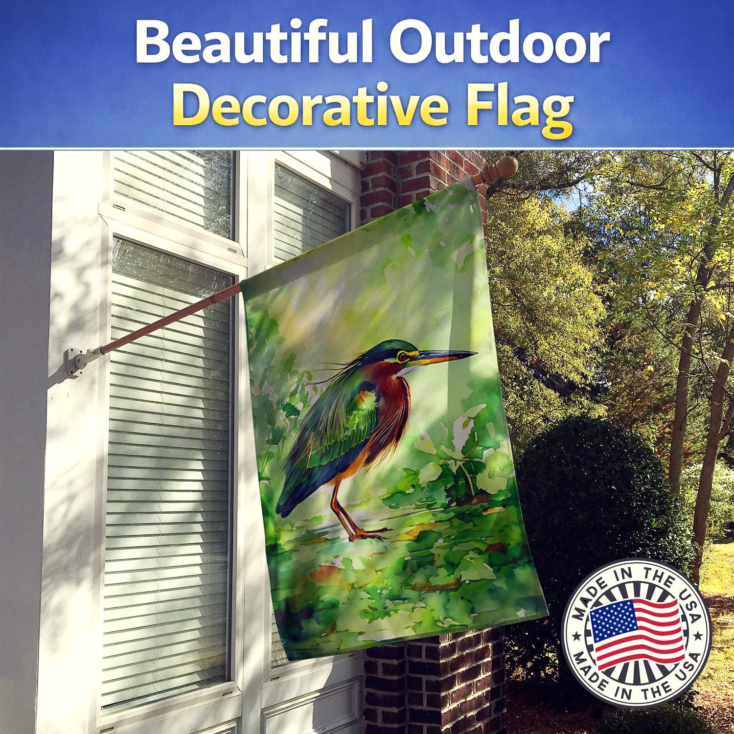 Green Heron Standing Marsh House Flag 28x40 Porch Sleeve Pole Decorative Outside Yard Banner Artwork Wall Hanging, Polyester