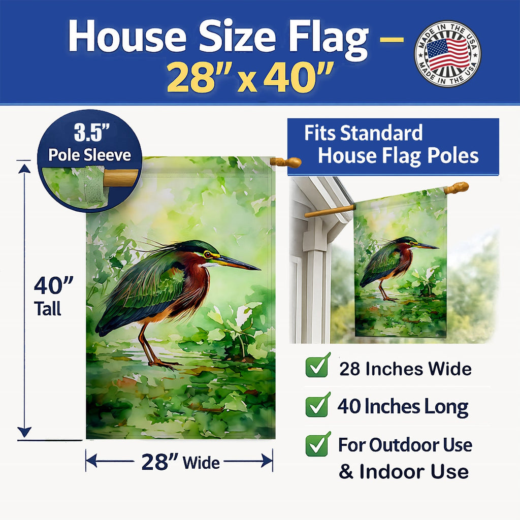 Green Heron Standing Marsh House Flag 28x40 Porch Sleeve Pole Decorative Outside Yard Banner Artwork Wall Hanging, Polyester