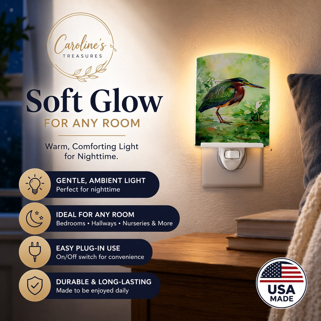 Green Heron Standing Marsh Ceramic Night Light Compact, UL-Certified, Ideal for Bedroom, Bathroom, Nursery, Hallway, Kitchen, 6x4x3, Multicolor