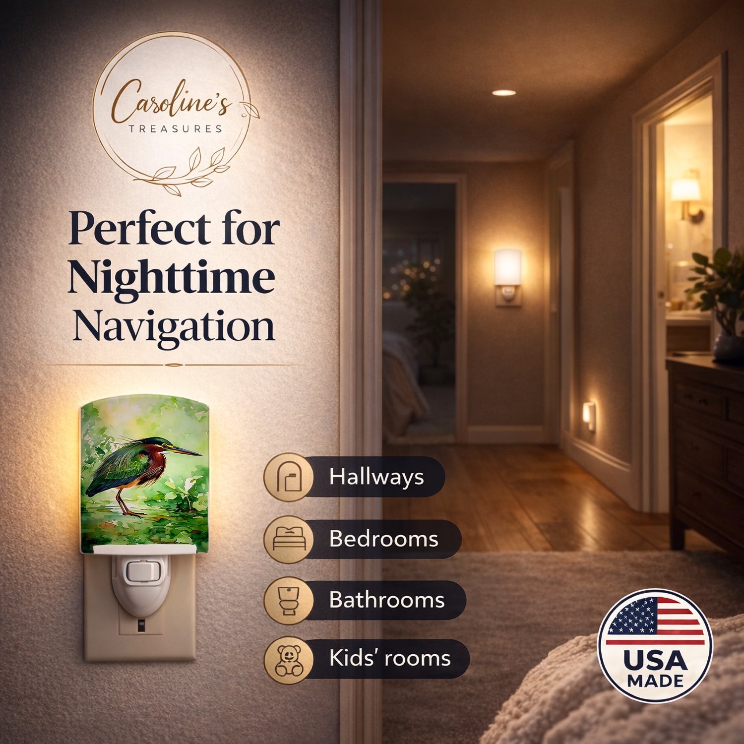Green Heron Standing Marsh Ceramic Night Light Compact, UL-Certified, Ideal for Bedroom, Bathroom, Nursery, Hallway, Kitchen, 6x4x3, Multicolor