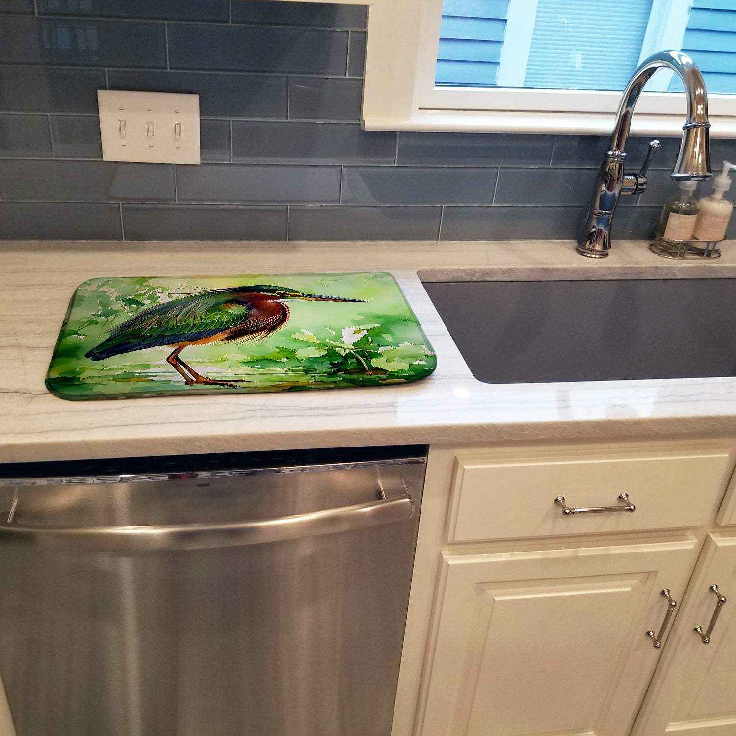 Green Heron Standing Marsh Dish Drying Mat Absorbent Dish Drying Mat Pad for Kitchen Counter Dish Drainer Mat for Countertop, 14 x 21", Multicolor