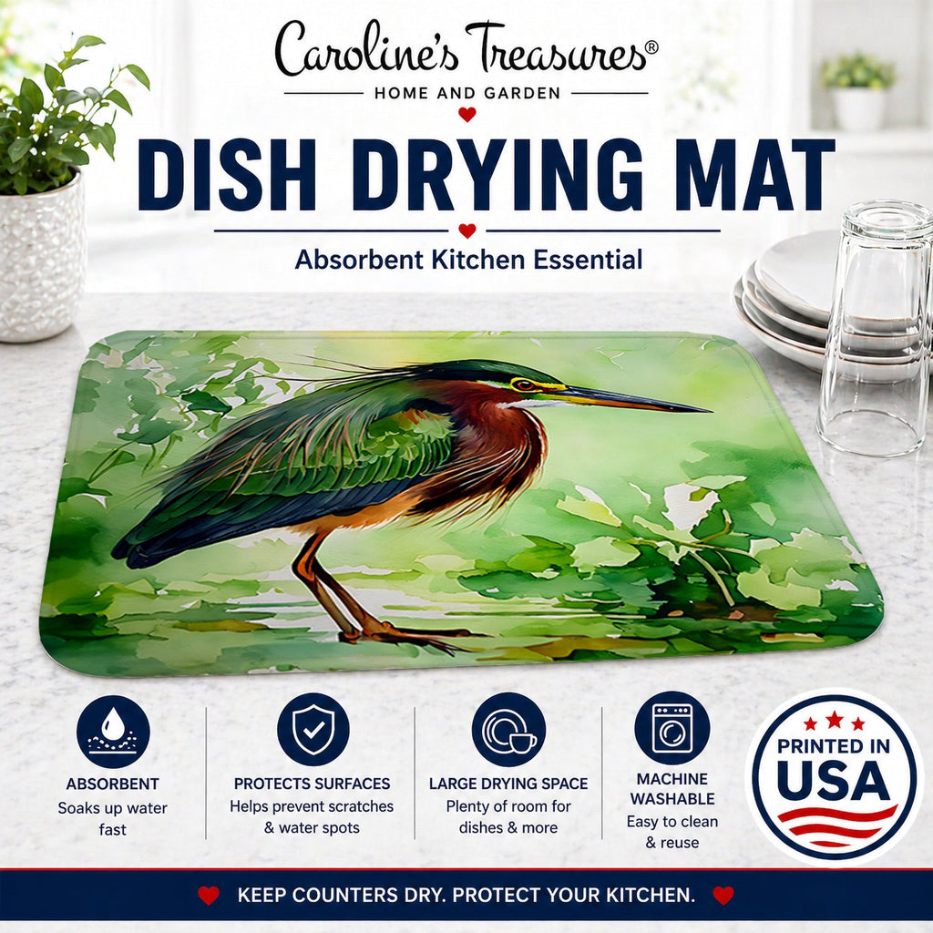 Green Heron Standing Marsh Dish Drying Mat Absorbent Dish Drying Mat Pad for Kitchen Counter Dish Drainer Mat for Countertop, 14 x 21", Multicolor
