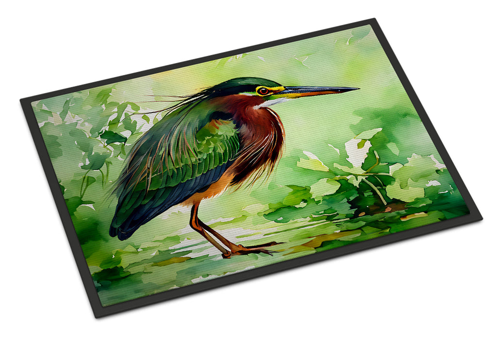 Green Heron Standing Marsh Doormat Indoor Outdoor 24H X 36W Front Door Mat Rugs for Entryway, Non Slip Washable Low Pile,