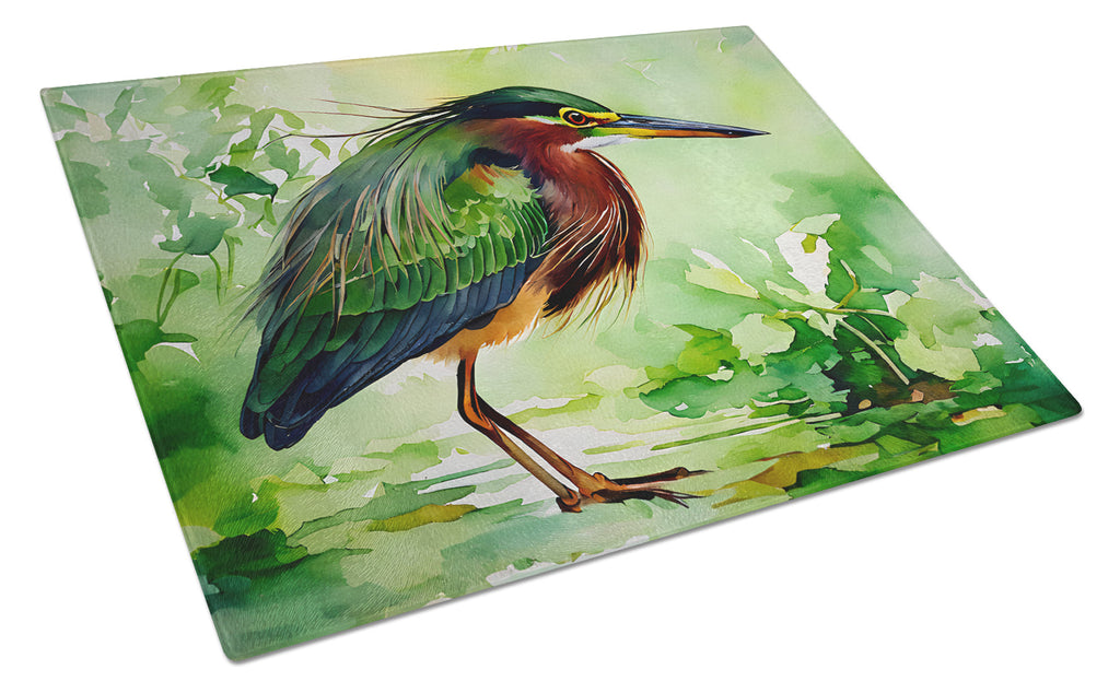 Green Heron Standing Marsh Cutting Board Tempered Glass Kitchen Cutting Surface, Heat Resistant Chopping, Non-Slip Feet, Food Prep & Serving