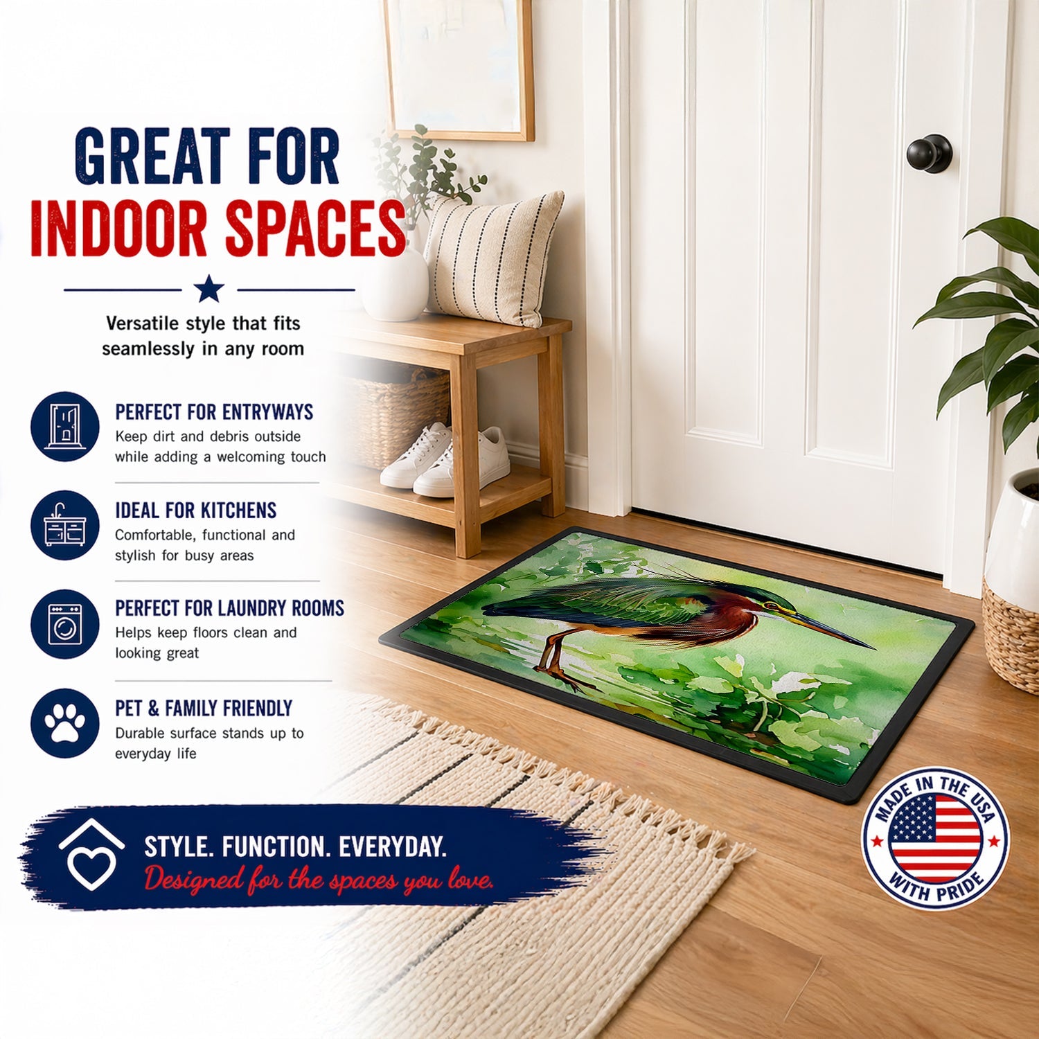 Green Heron Standing Marsh Doormat Indoor Outdoor 18H X 27W Front Door Mat Rugs for Entryway, Non Slip Washable