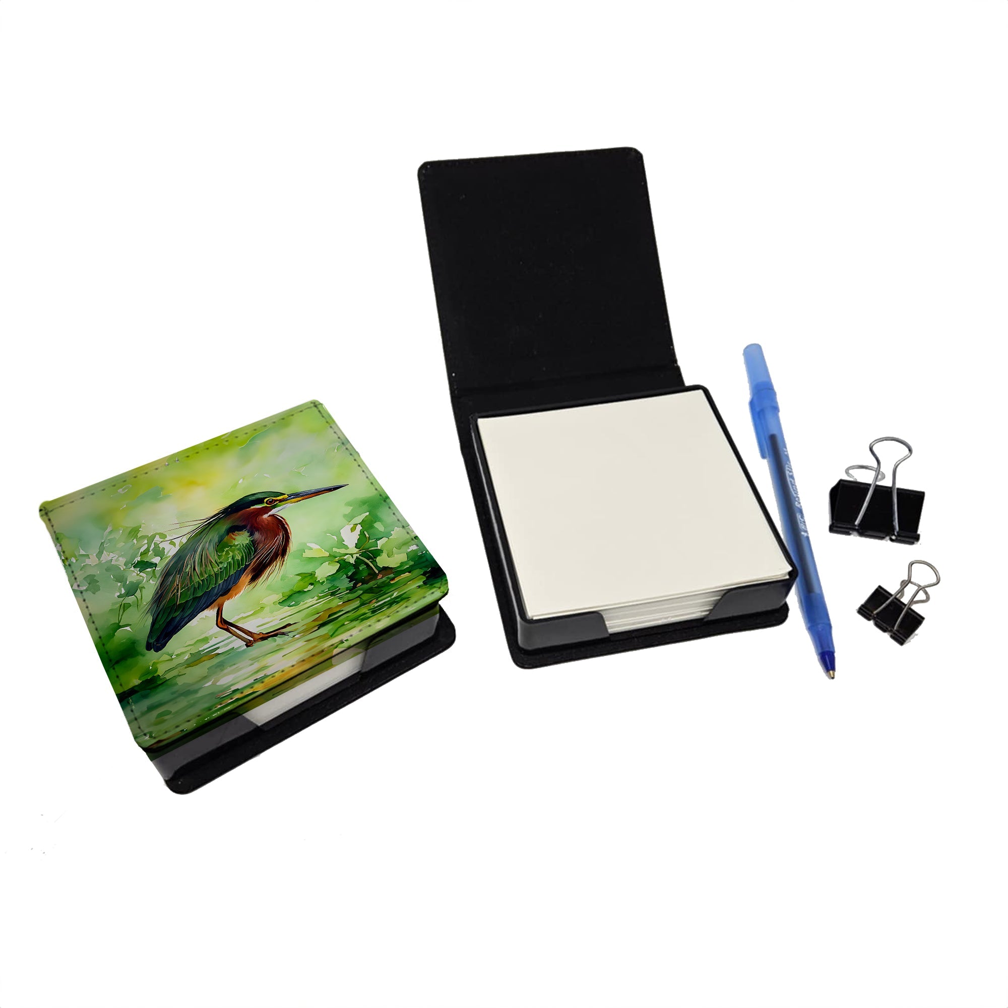 Green Heron Standing Marsh PU Leather Note Paper Holder with Artist-Designed Cover, Desk Accessory, Office Gift
