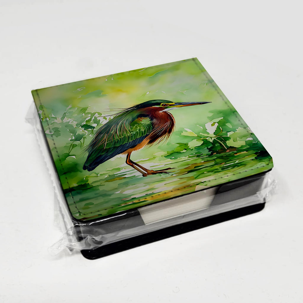 Green Heron Standing Marsh PU Leather Note Paper Holder with Artist-Designed Cover, Desk Accessory, Office Gift