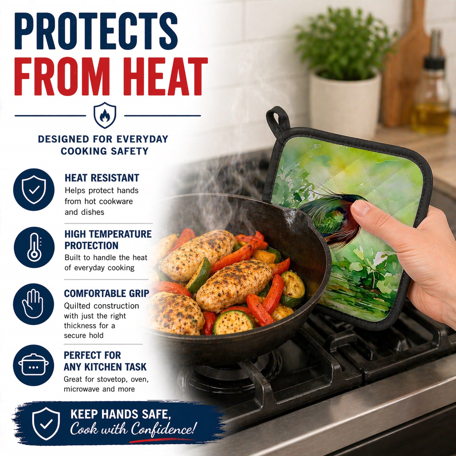 Green Heron Standing Marsh Pot Holder Set of 2 Heat Resistant Quilted Hot Pads 7.5 x 7.5 Inch, Insulated Kitchen Trivets for Cooking & Baking