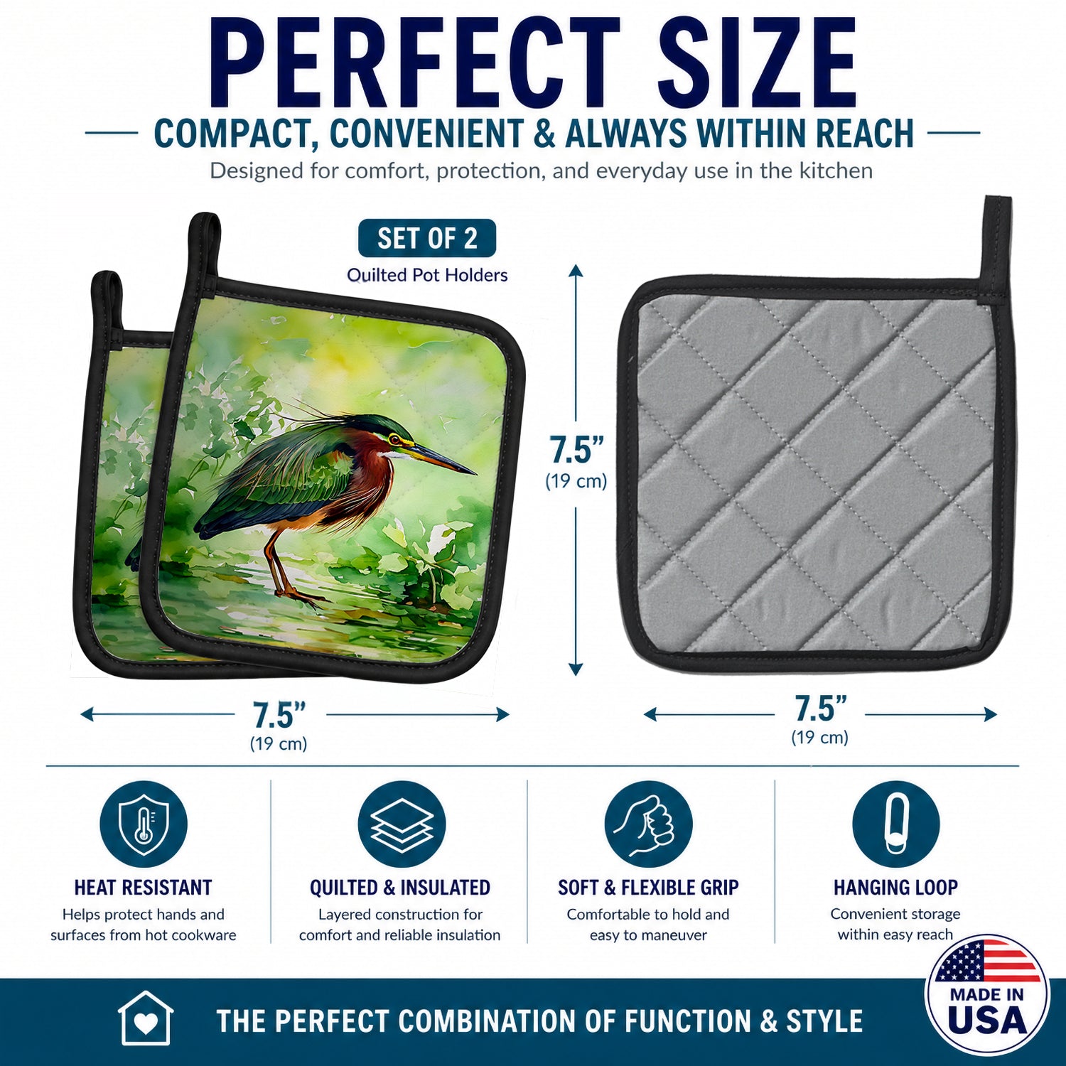 Green Heron Standing Marsh Pot Holder Set of 2 Heat Resistant Quilted Hot Pads 7.5 x 7.5 Inch, Insulated Kitchen Trivets for Cooking & Baking