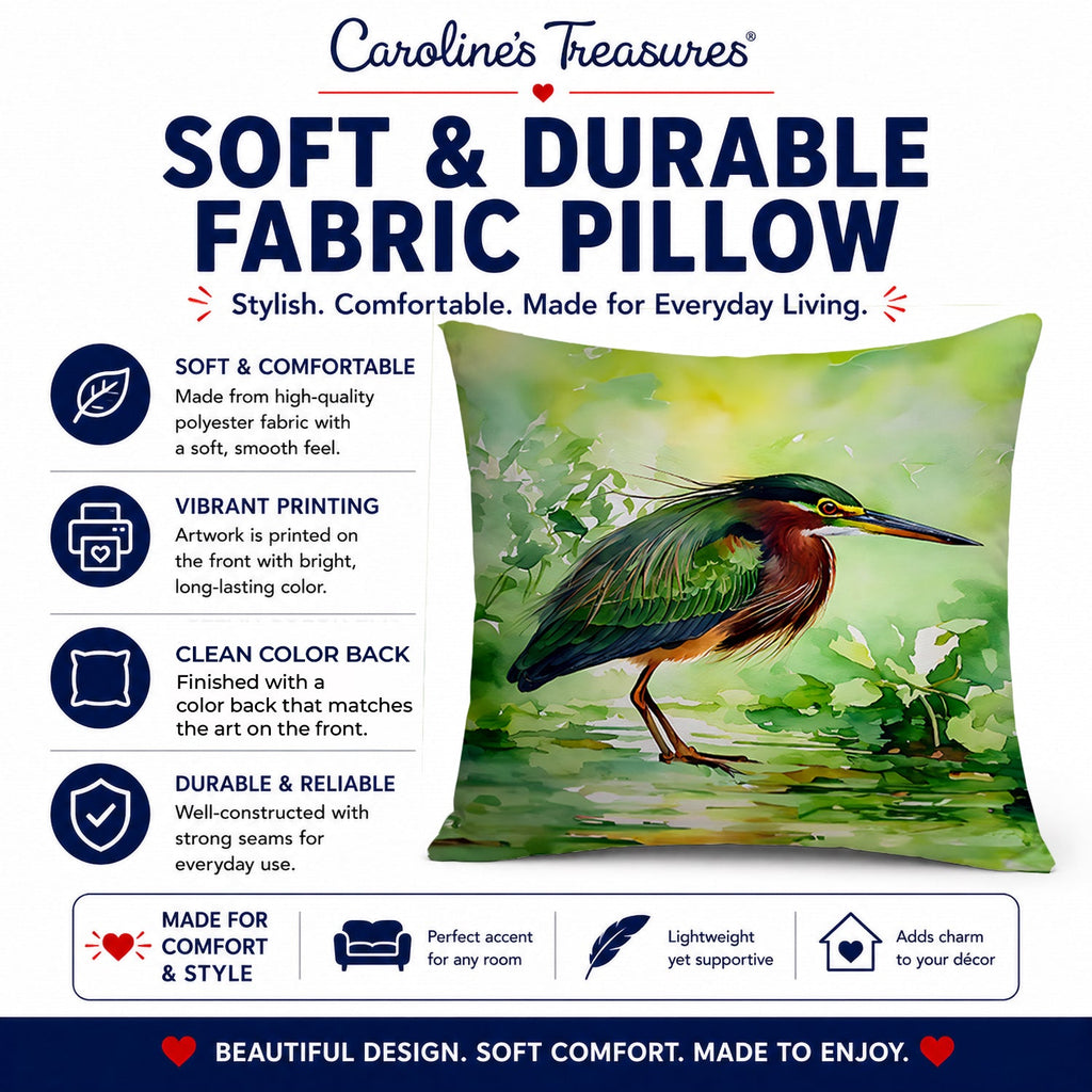 Green Heron Standing Marsh Decorative Throw Pillow 14x14 Indoor Outdoor Accent Cushion, Fabric Cover with Insert for Sofa, Bed, Porch & Living Room