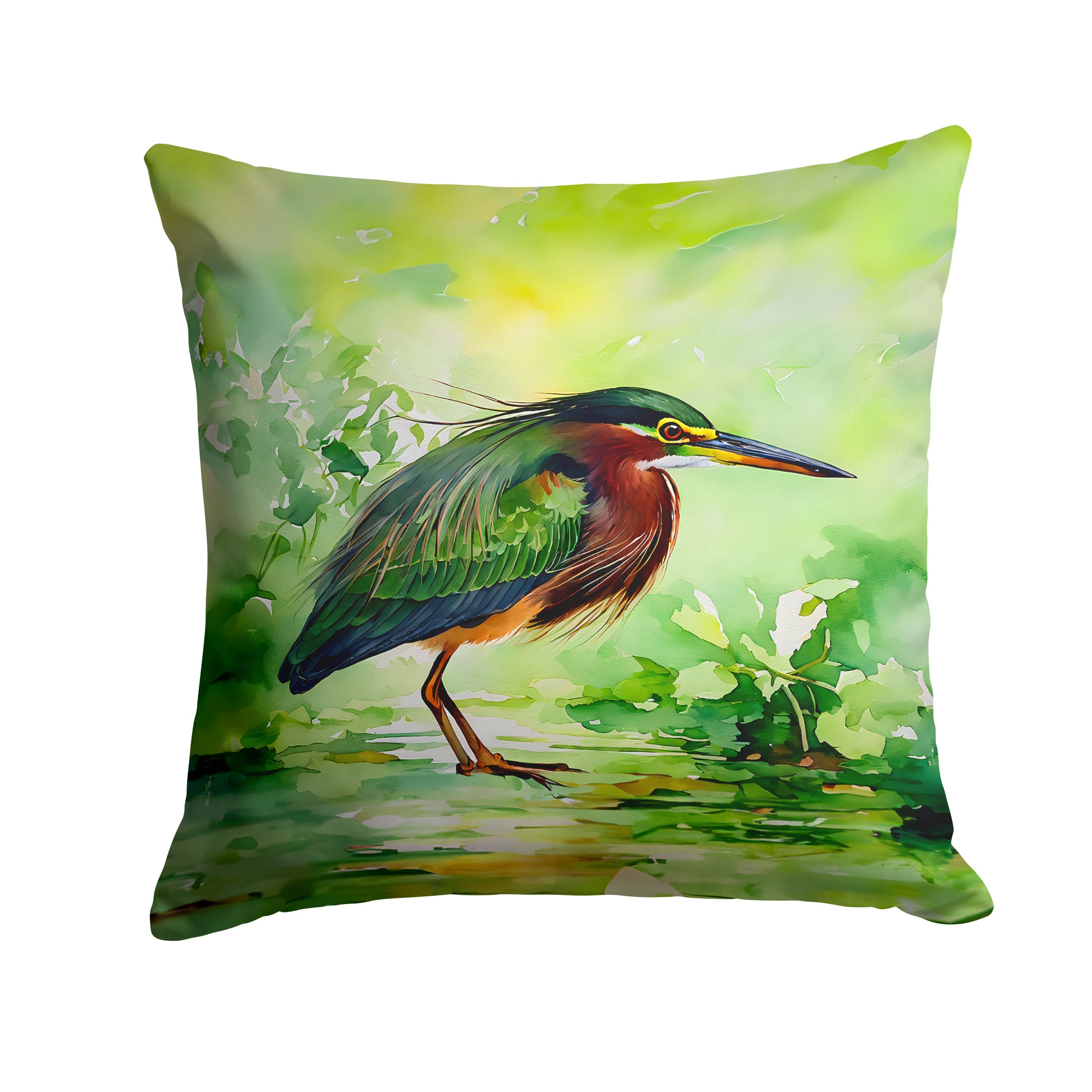 Green Heron Standing Marsh Decorative Throw Pillow 14x14 Indoor Outdoor Accent Cushion, Fabric Cover with Insert for Sofa, Bed, Porch & Living Room