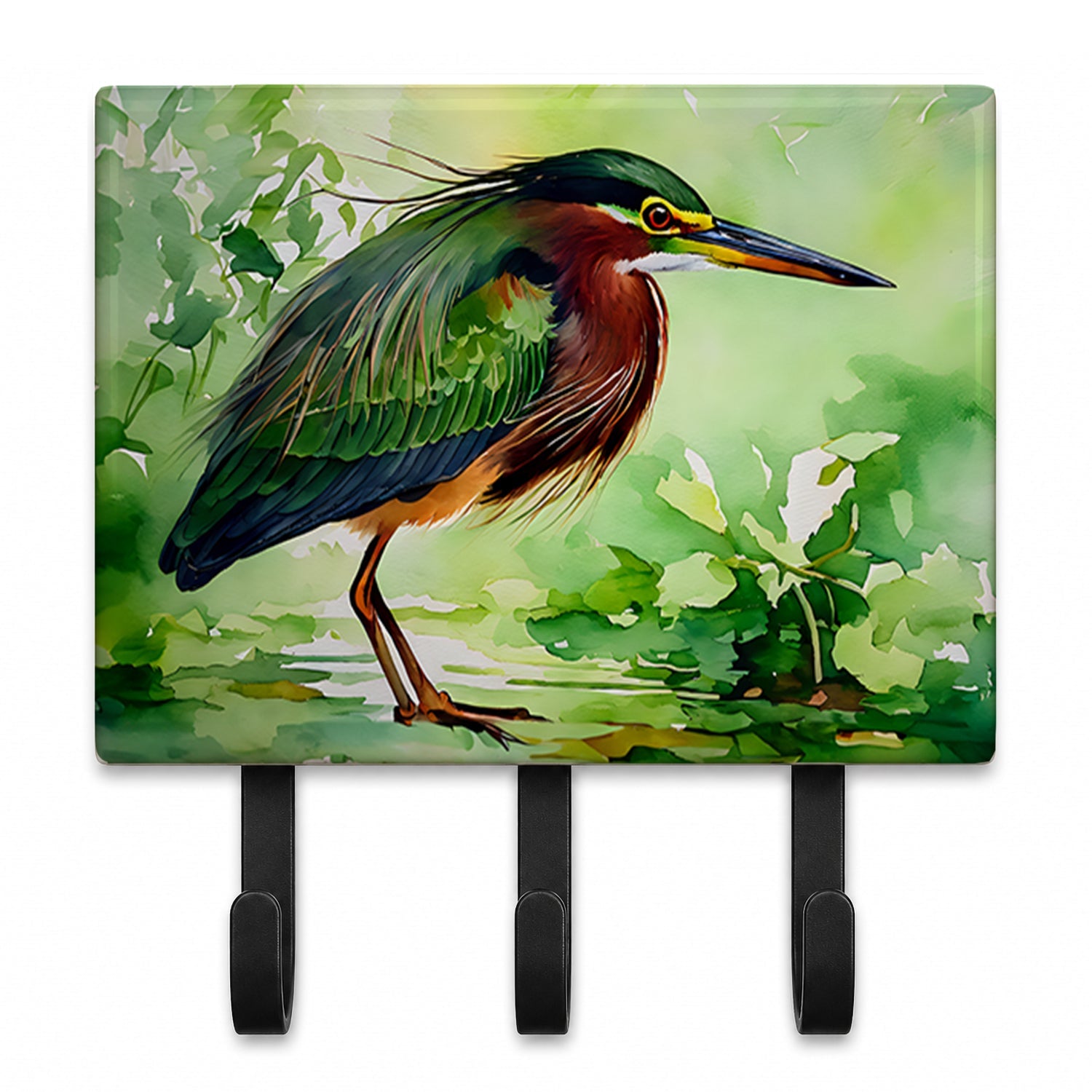Green Heron Standing Marsh Leash or Key Holder Wall Hooks, Coat Rack Wall Mount, for Hanging Keys, Towels, Aprons, Leashes