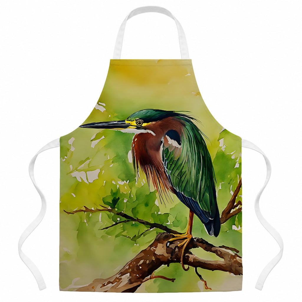 Green Heron Perched Branch Apron Cooking Kitchen Server Baking Crafts Gardening for Adult Women Men, Unisex, Large, Multicolor