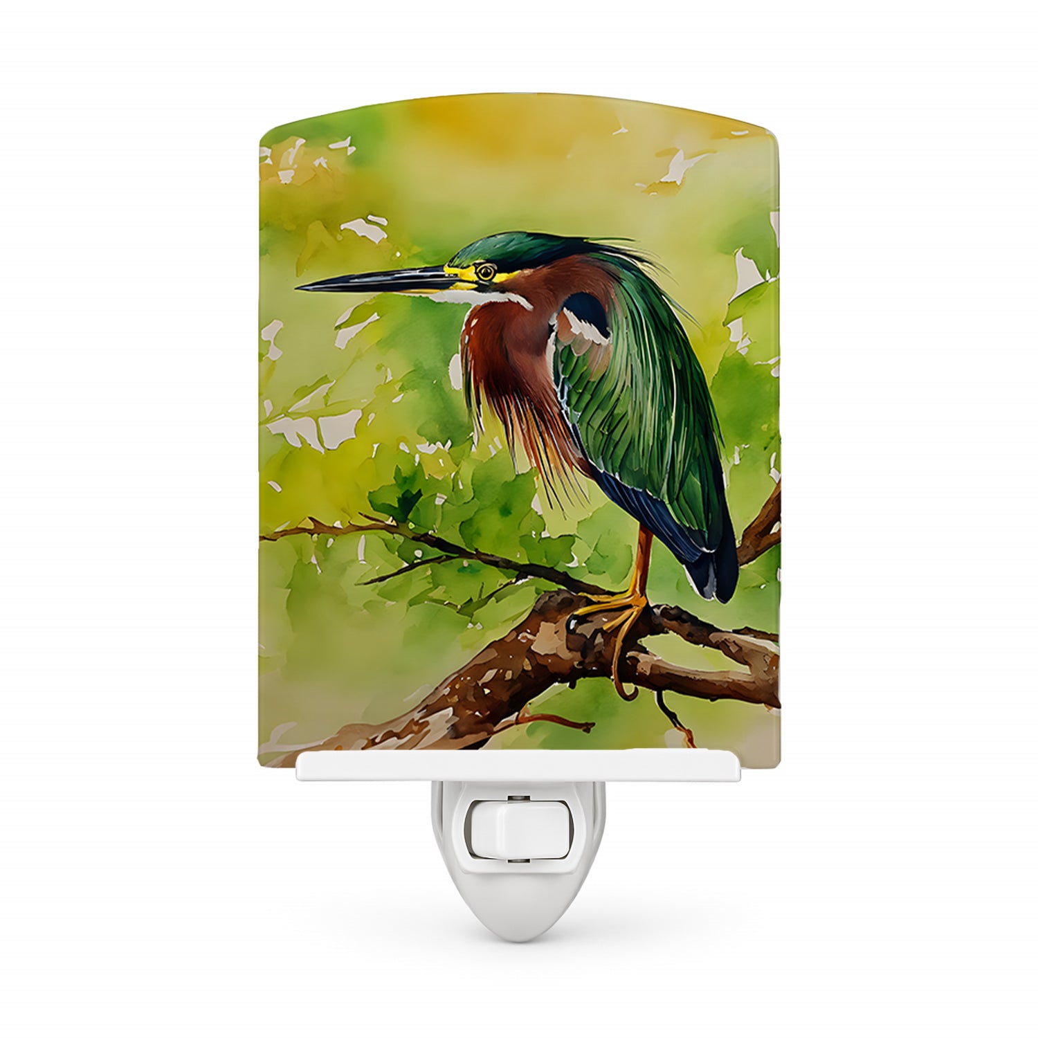 Green Heron Perched Branch Ceramic Night Light Compact, UL-Certified, Ideal for Bedroom, Bathroom, Nursery, Hallway, Kitchen, 6x4x3, Multicolor