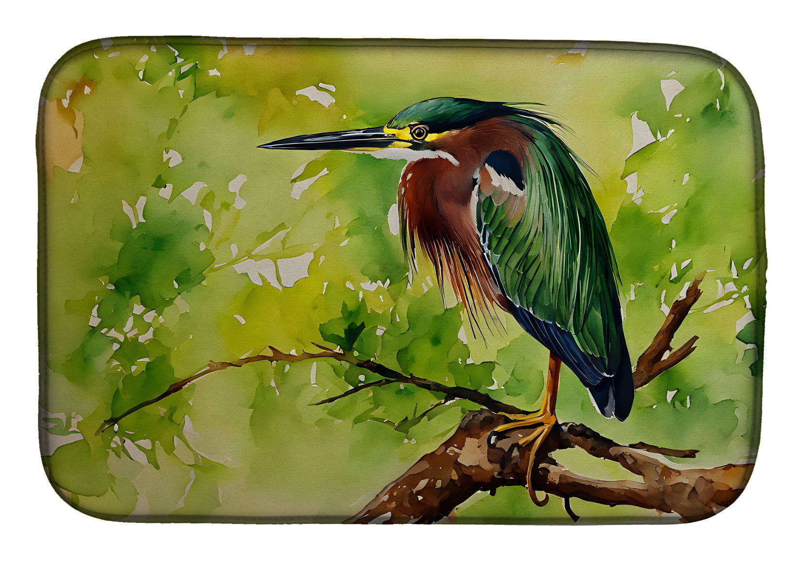 Green Heron Perched Branch Dish Drying Mat Absorbent Dish Drying Mat Pad for Kitchen Counter Dish Drainer Mat for Countertop, 14 x 21", Multicolor