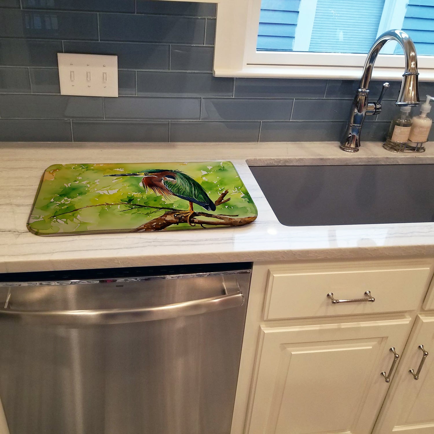 Green Heron Perched Branch Dish Drying Mat Absorbent Dish Drying Mat Pad for Kitchen Counter Dish Drainer Mat for Countertop, 14 x 21", Multicolor