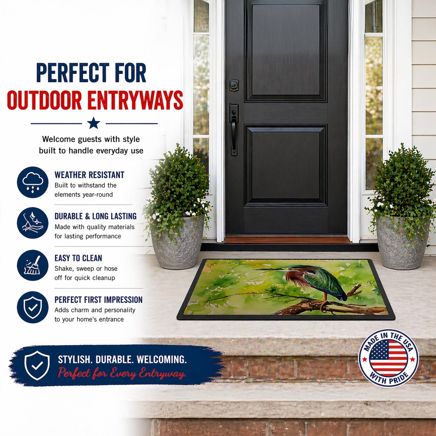 Green Heron Perched Branch Doormat Indoor Outdoor 24H X 36W Front Door Mat Rugs for Entryway, Non Slip Washable Low Pile,