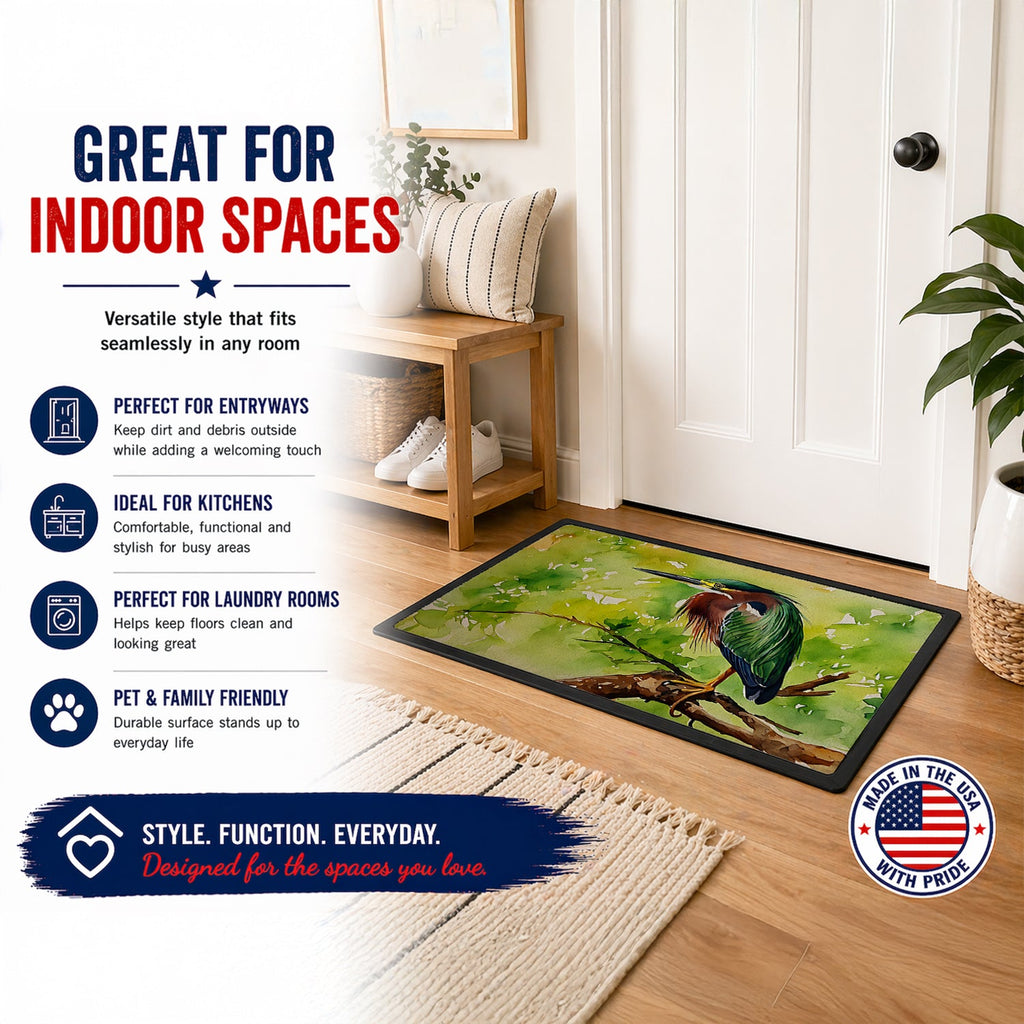 Green Heron Perched Branch Doormat Indoor Outdoor 24H X 36W Front Door Mat Rugs for Entryway, Non Slip Washable Low Pile,