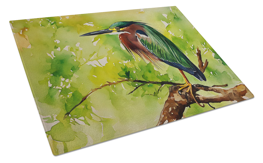 Green Heron Perched Branch Cutting Board Tempered Glass Kitchen Cutting Surface, Heat Resistant Chopping, Non-Slip Feet, Food Prep & Serving