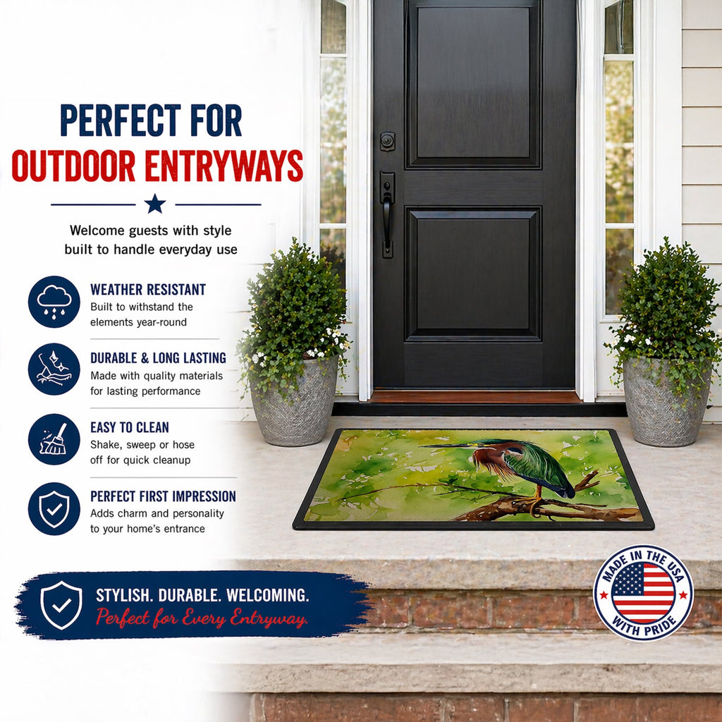 Green Heron Perched Branch Doormat Indoor Outdoor 18H X 27W Front Door Mat Rugs for Entryway, Non Slip Washable