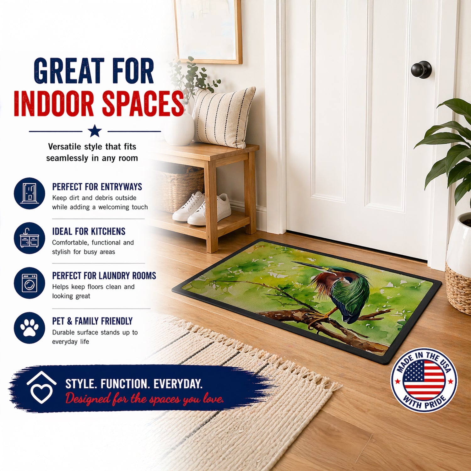 Green Heron Perched Branch Doormat Indoor Outdoor 18H X 27W Front Door Mat Rugs for Entryway, Non Slip Washable
