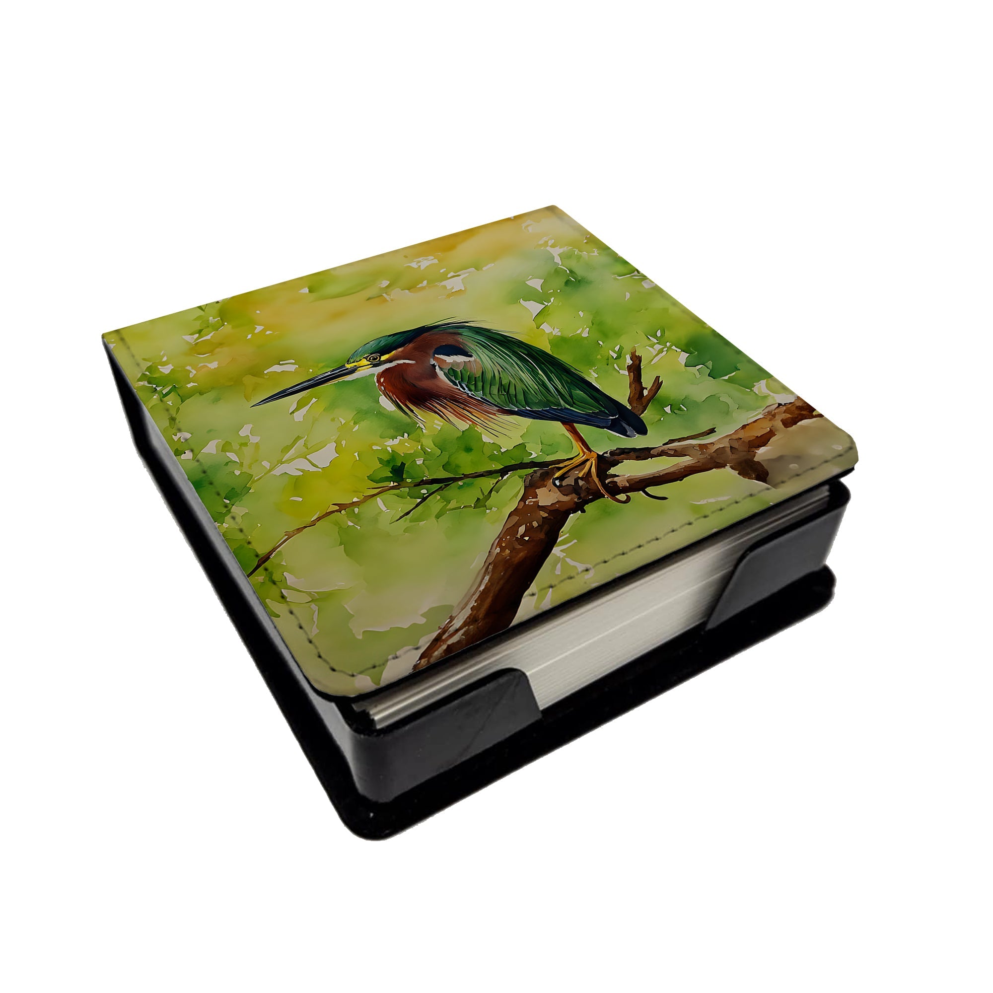 Green Heron Perched Branch PU Leather Note Paper Holder with Artist-Designed Cover, Desk Accessory, Office Gift