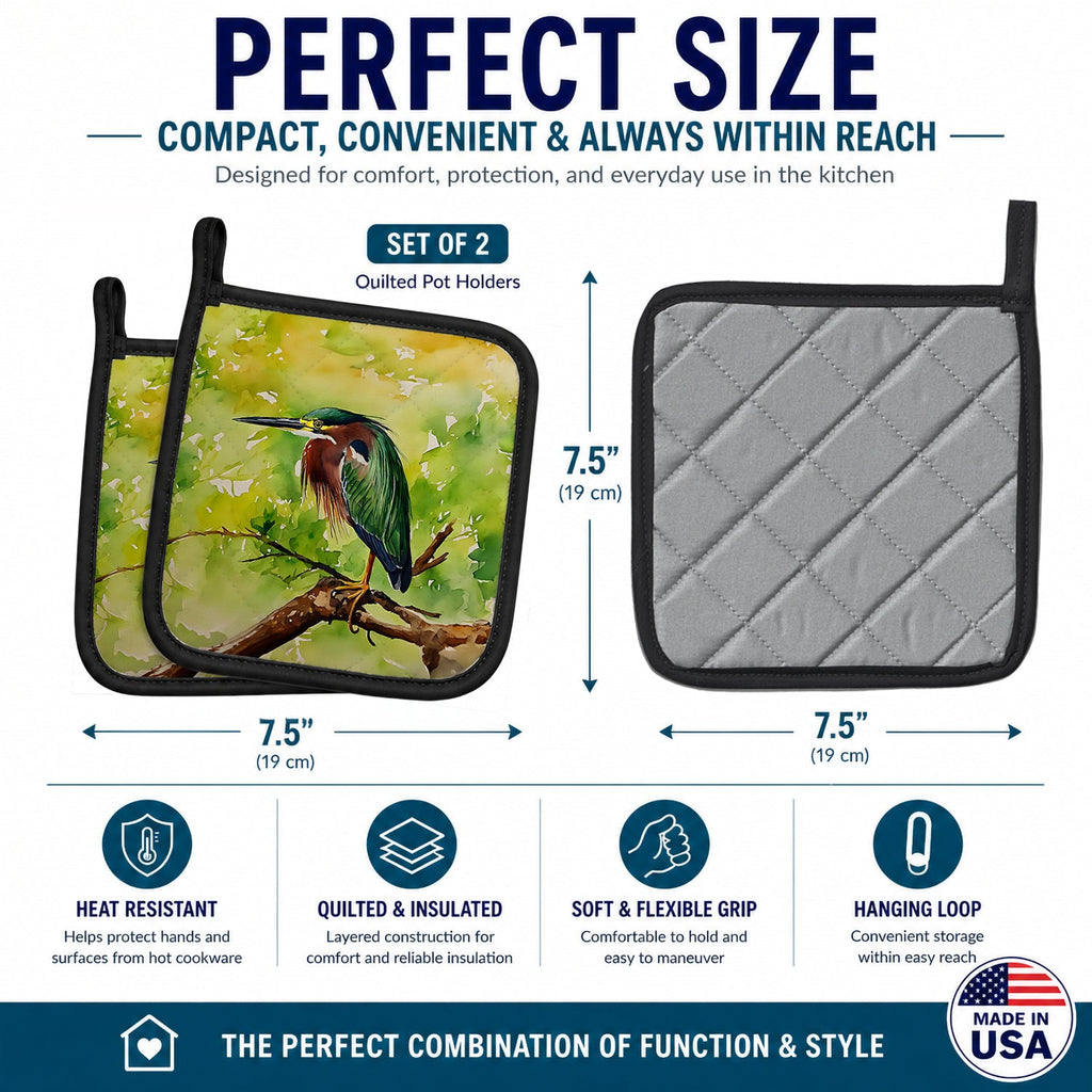 Green Heron Perched Branch Pot Holder Set of 2 Heat Resistant Quilted Hot Pads 7.5 x 7.5 Inch, Insulated Kitchen Trivets for Cooking & Baking