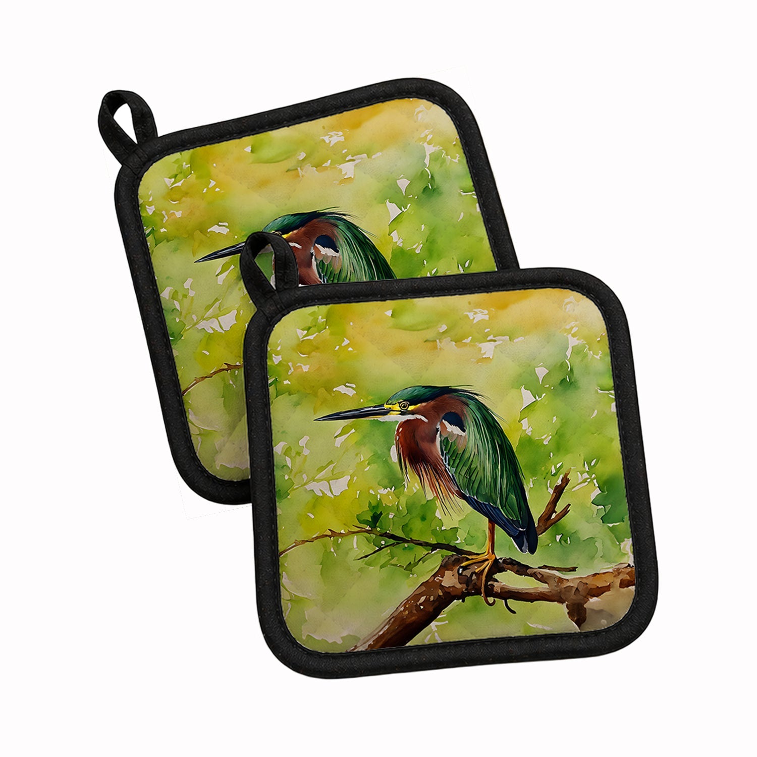 Green Heron Perched Branch Pot Holder Set of 2 Heat Resistant Quilted Hot Pads 7.5 x 7.5 Inch, Insulated Kitchen Trivets for Cooking & Baking