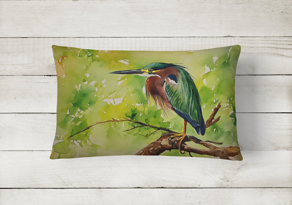 Green Heron Perched Branch Decorative Throw Pillow 12x16 Indoor Outdoor Accent Cushion, Fabric Cover with Insert for Sofa, Bed, Porch & Living Room