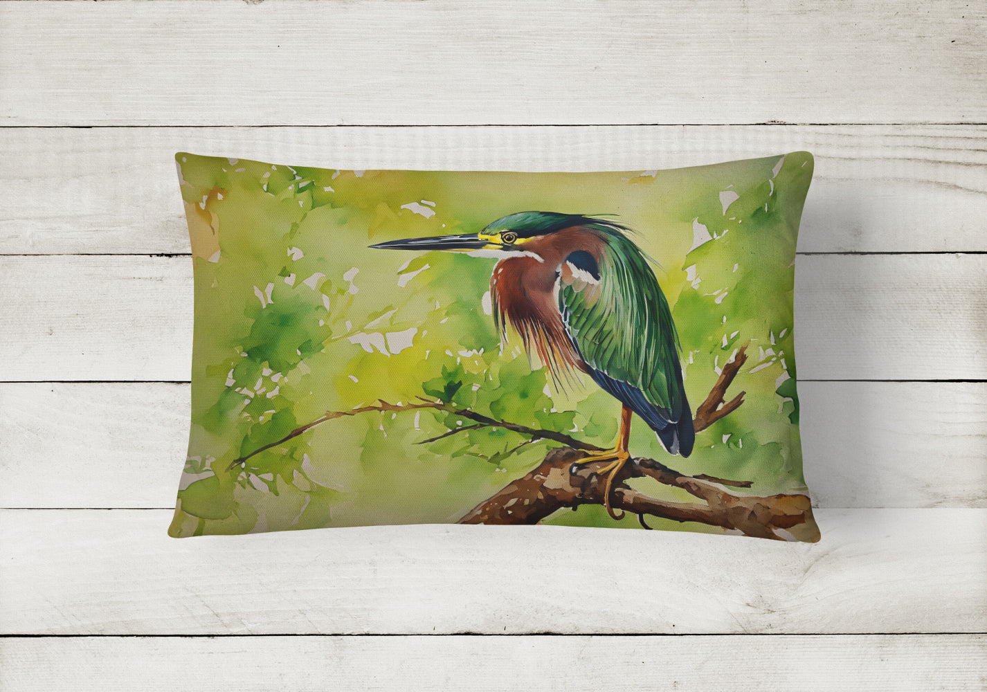 Green Heron Perched Branch Decorative Throw Pillow 12x16 Indoor Outdoor Accent Cushion, Fabric Cover with Insert for Sofa, Bed, Porch & Living Room