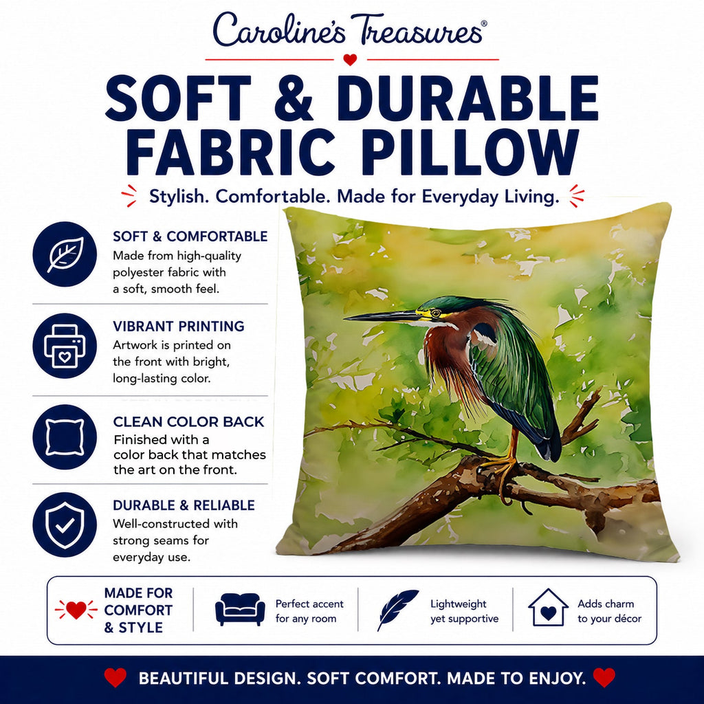 Green Heron Perched Branch Decorative Throw Pillow 18x18 Indoor Outdoor Accent Cushion, Fabric Cover with Insert for Sofa, Bed, Porch & Living Room
