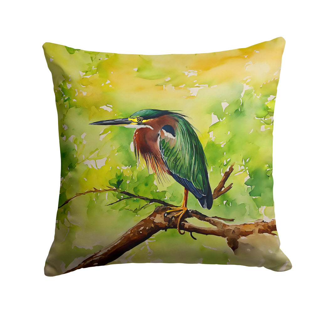 Green Heron Perched Branch Decorative Throw Pillow 18x18 Indoor Outdoor Accent Cushion, Fabric Cover with Insert for Sofa, Bed, Porch & Living Room