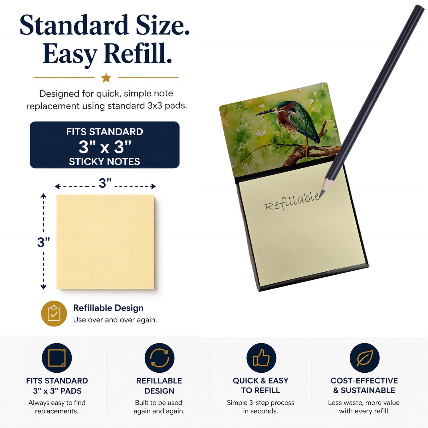 Green Heron Perched Branch Watercolor Sticky Note Holder Refillable Dispenser Desk Accessory 3x3 Pad Gift