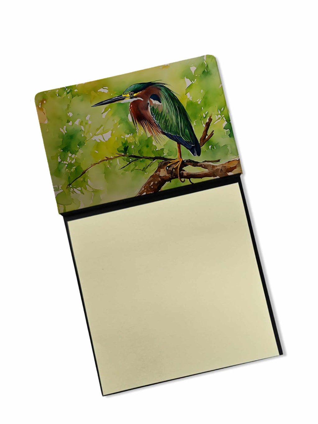 Green Heron Perched Branch Watercolor Sticky Note Holder Refillable Dispenser Desk Accessory 3x3 Pad Gift