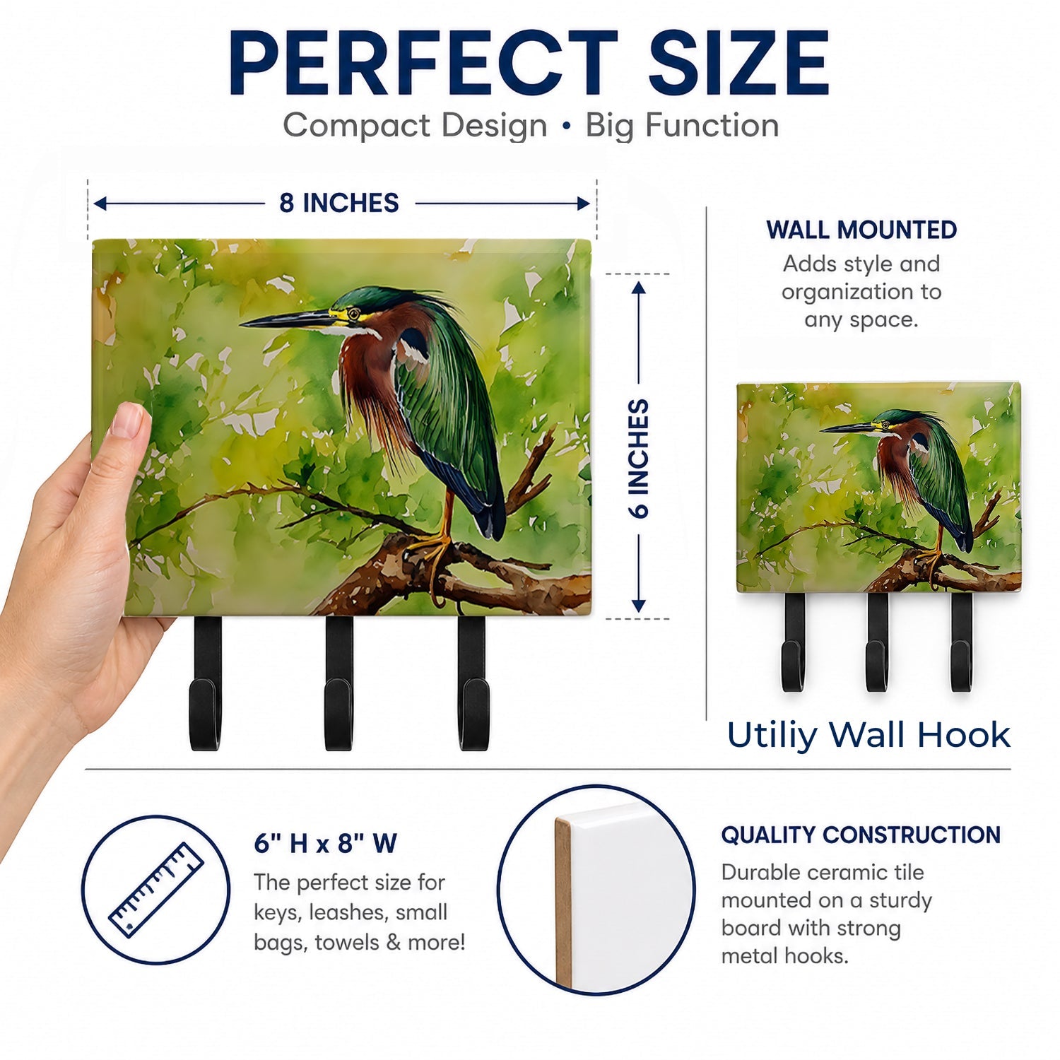 Green Heron Perched Branch Leash or Key Holder Wall Hooks, Coat Rack Wall Mount, for Hanging Keys, Towels, Aprons, Leashes