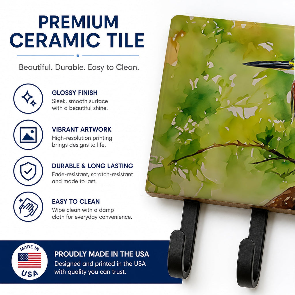 Green Heron Perched Branch Leash or Key Holder Wall Hooks, Coat Rack Wall Mount, for Hanging Keys, Towels, Aprons, Leashes