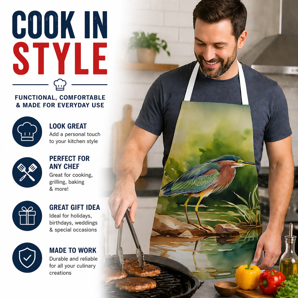 Green Heron Standing Shoreline Apron Cooking Kitchen Server Baking Crafts Gardening for Adult Women Men, Unisex, Large, Multicolor